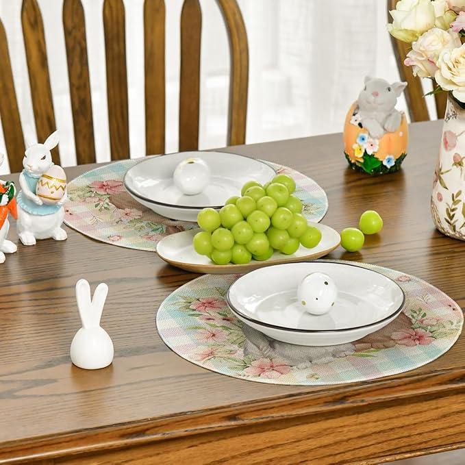 Artoid Mode Easter Round Placemats Set of 4, 14 Inch Colored Buffalo Plaid Bunnys Flowers Spring Round Table Mats for Easter Party Dining Decoration