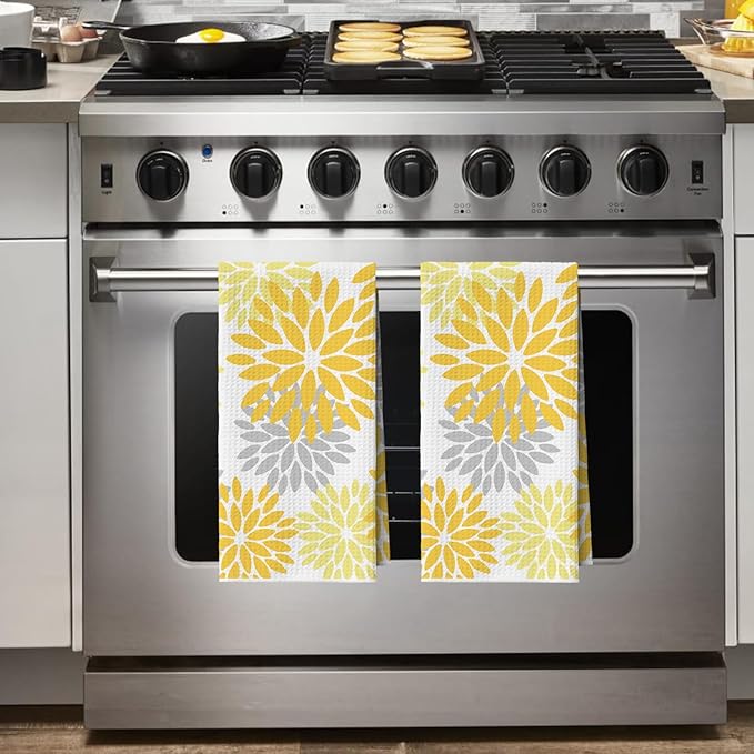 Artoid Mode Yellow Dahlia Floral Bar Kitchen Towels, 12x24 Inch Quick Dry Microfiber Cloth Dish Towels for Kitchen Drying Set of 2
