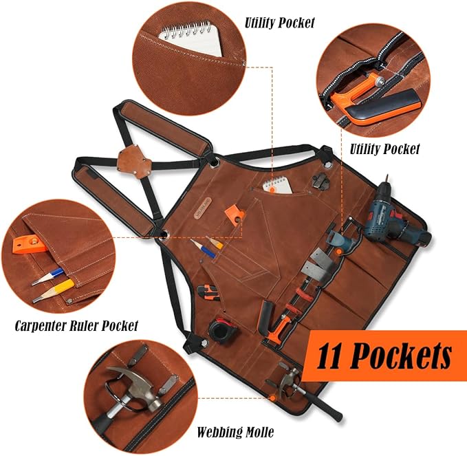 WELKINLAND 11-Pockets Waxed-Canvas Tool Apron, Heavy-Duty Carpenter Apron, Comfy Woodworking Apron, Convenient Workshop Apron, Fully-Adjustable Shop Aprons For Men, Well-Padded Work Aprons For Men
