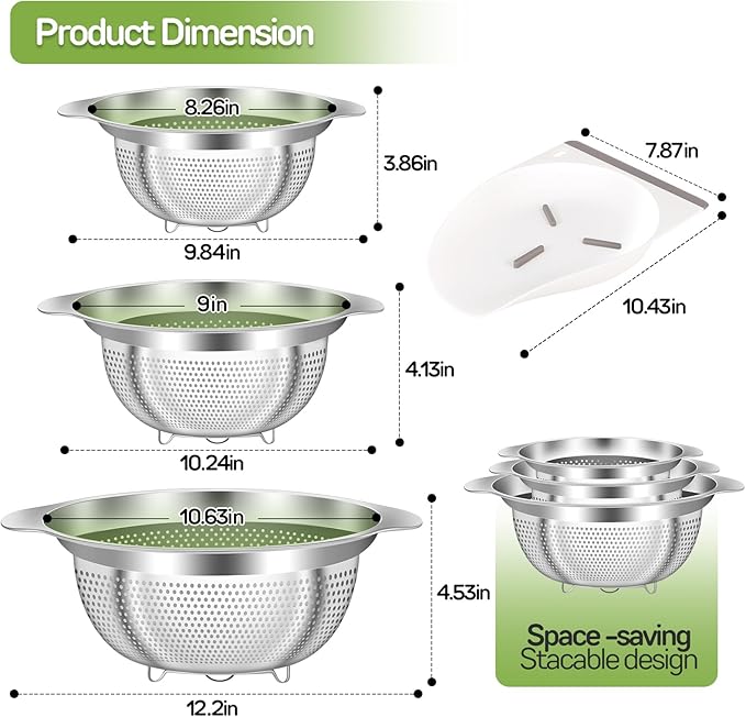Stainless Steel Colander for Kitchen Pasta Rice Strainer for Spaghetti Fruit Cooking Food 3 Pcs Set Metal Mesh Strainers and Colanders(2QT, 3QT, 5QT),Dishwasher Safe,with Over-Sink Water Draining Base