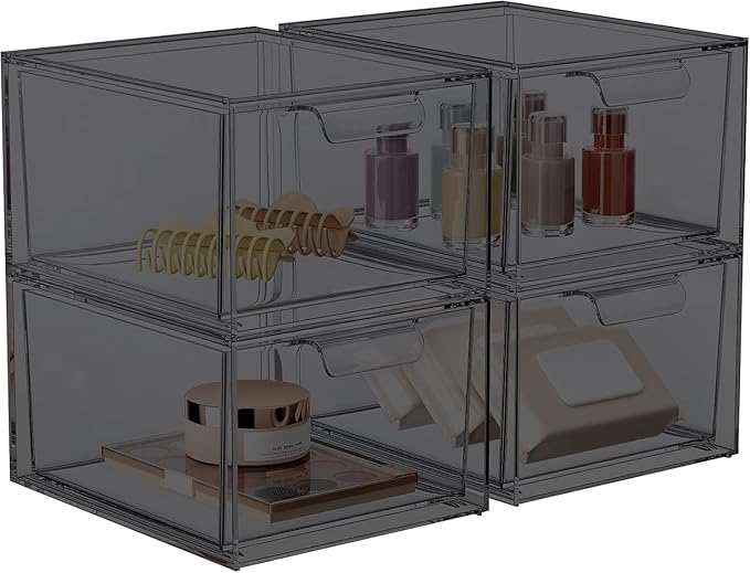 SpaceHacks 4 Pack Stackable Makeup Organizer and Storage, Acrylic Organizers，Clear Plastic Storage Drawer with Pull-Out Handles for Vanity, Undersink, Kitchen Cabinets, Pantry, Black