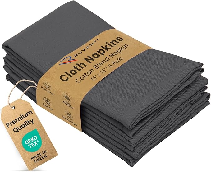 Ruvanti Cloth Napkins Set of 6, 18x18 Inches Napkins Cloth Washable, Soft, Durable, Absorbent, Cotton Blend. Table Dinner Napkins Cloth for Hotel, Lunch, Restaurant, Wedding Parties - Dark Grey