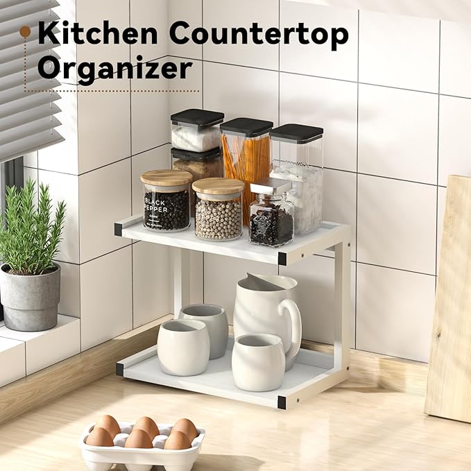 MARTY 2 Tier 12.6"x7.7" Counter Shelf Organizer Kitchen Spice Rack for Countertop, Coffee Station Organizer for Mugs Cups, Wood Shelf Desk Storage Organizer for Bathroom Home Office (White)
