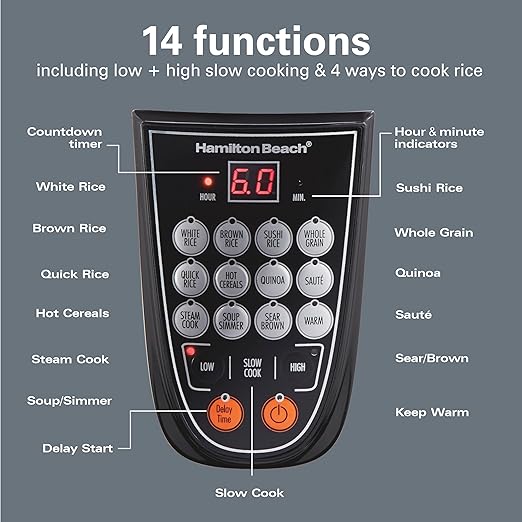 Hamilton Beach Digital Programmable Rice and Slow Cooker & Food Steamer, 20 Cups Cooked (10 Cups Uncooked), 14 Pre-Programmed Settings for Sear Sauté, Hot Cereal, Soup, Nonstick Pot, Stainless Steel (37571MN)