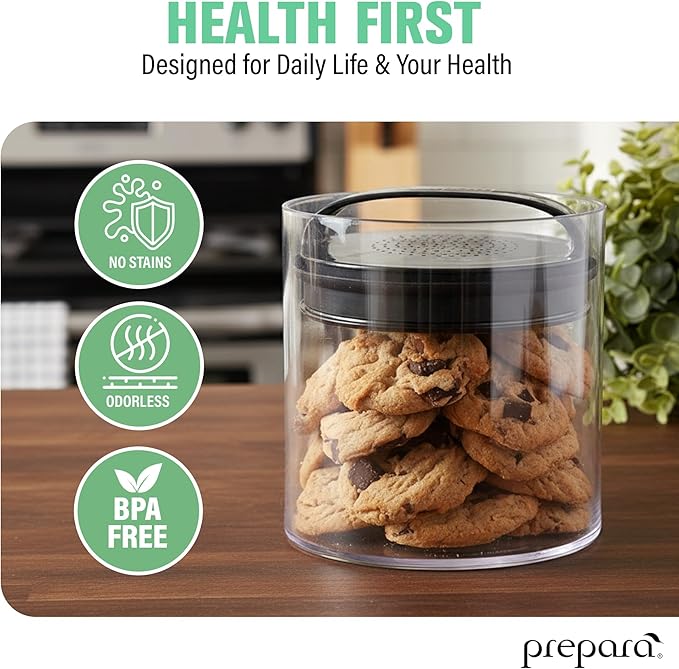 Prepara Evak Fresh Saver Short Airtight Containers, Medium - Black Handle with Patented Twin-Valve System, BPA Free Stackable Storage Canisters for Pantry Organization - Dishwasher Safe (2-Pack)