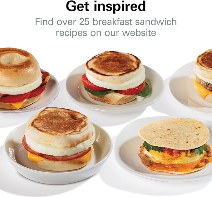Hamilton Beach Breakfast Sandwich Maker with Egg Cooker Ring, Customize Ingredients, Perfect for English Muffins, Croissants, Mini Waffles, Perfect White Elephant Gifts, Silver (25475)