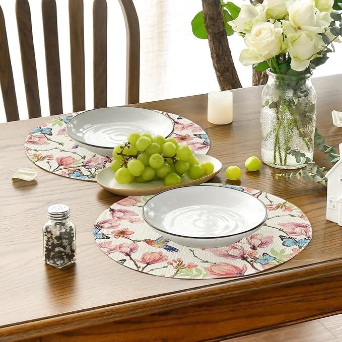 Artoid Mode Flowers Bird Butterfly Spring Round Placemats Set of 4, 14 Inch Summer Round Table Mats for Dining Decoration