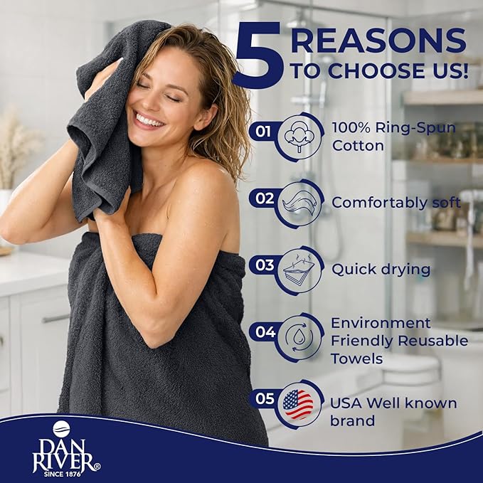 DAN RIVER 8 PC Luxury Bath Towels for Bathroom, 2 Bath, 2 Hand, and 4 Wash Cloths, 600 GSM 100% Ring Spun Cotton Towel Set, Highly Absorbent, Gym, Hotel, and Spa, Dark Gray