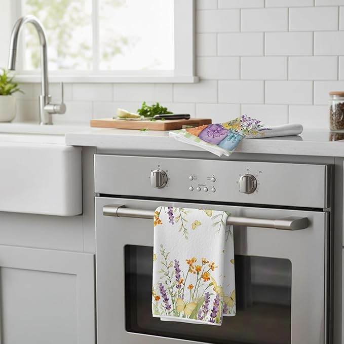 4Pcs Spring Wildflower Butterfly Kitchen Towels-16×24in Floral Microfiber Dish Towels, Super Absorbent Flower Holiday Hand Towels for Home Decor Easter Mother‘s Day Gifts