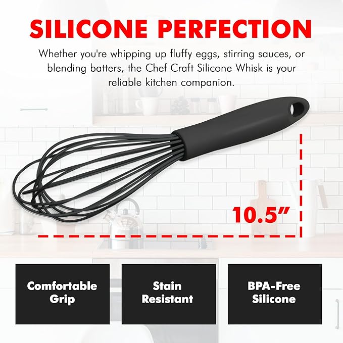 Chef Craft Premium Silicone Wire Cooking Whisk, 10.5 inch, Black