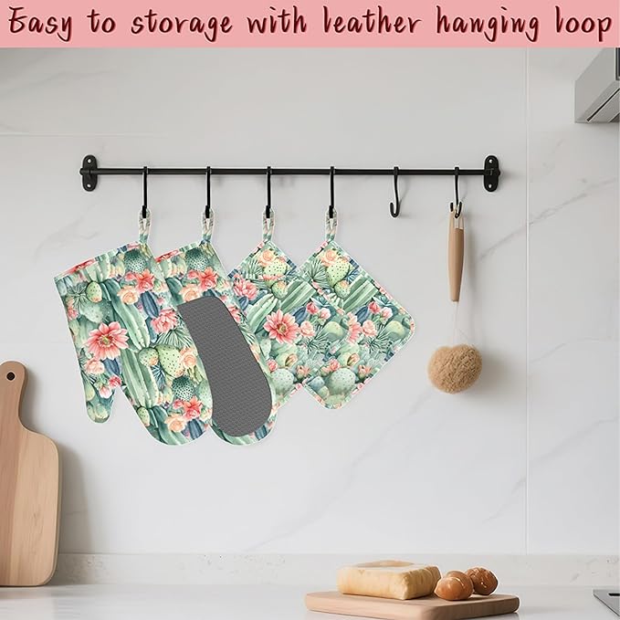 Cactus Flower Succulent Plant Heat-Resistant Silicone Oven Mitts and Pot Holder 4 Piece Set,Non-Slip Kitchen Oven Gloves for Baking, BBQ, Cooking,Grilling
