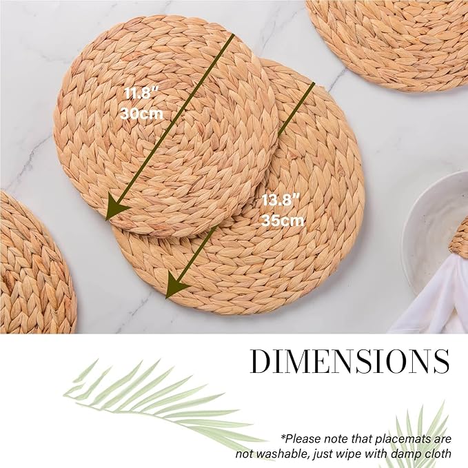 Laquedecraft 13.8" Set of 6 Round Water Hyacinth Placemats | Boho Woven Rattan Table Mats | Farmhouse Wicker Spring Plate Chargers Like Water Hyacinth, Seagrass for Wedding, Party, Christmas, Events