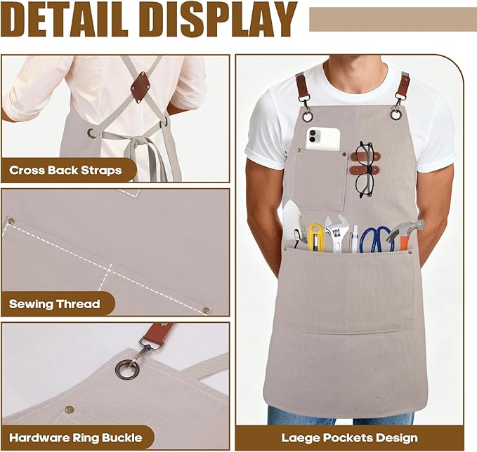 Aprons For Women Men With Large Pockets, Waterproof Cotton Chef Aprons For Cooking Server Grilling Bbq Kitchen