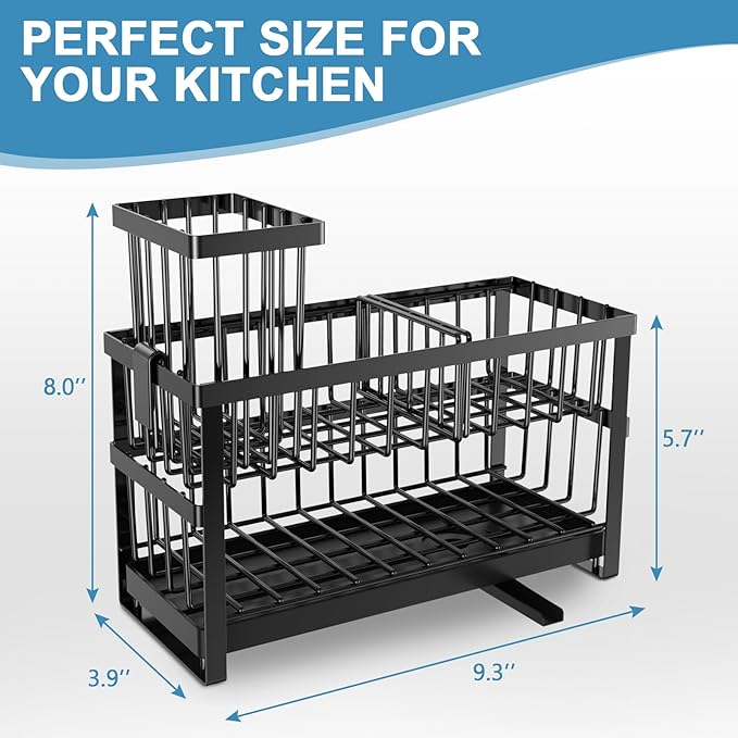 Hvisso 2-Tier Kitchen Sink Caddy with High Brush Holder, Sponge Holder for Sink, Kitchen Storage Organization Sponge Rack, Home Apartment Essential Gadgets Accessories (Black)