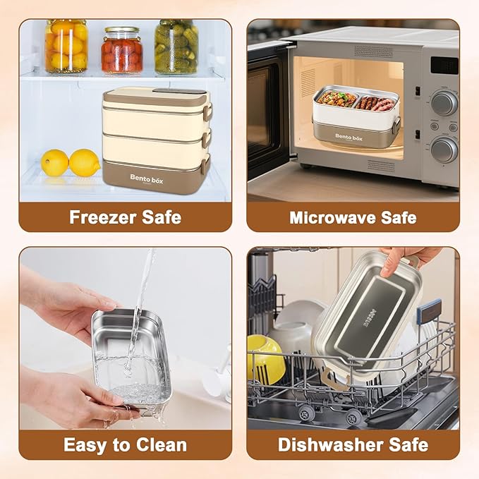 Suteng Triple-Layer Bento Box Adult All-in-One Design | 2.1L Stainless Steel Lunch Containers for Adults | Leakproof Microwave-Safe Food Container with Cutlery(Spoon) & Hidden Handle | Beige