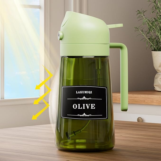 LAKUMIQI 2 in 1 Oil Sprayer for Cooking, 16oz Olive Oil Dispenser Bottle for Kitchen, Food Grade Light-Blocking Leak Proof Glass Spray Bottle for Salad, Air Fryer, BBQ