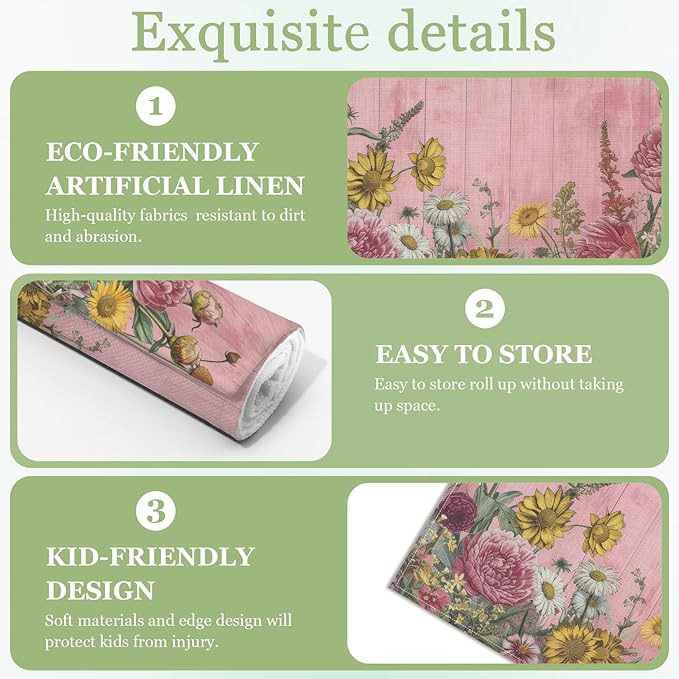 Vintage Wildflower Pink Wooden Placemats Set of 6, Washable Heat Resistant Table Mat Linen Place Mats for Party Kitchen Dining Home Decor 12x18 Inch