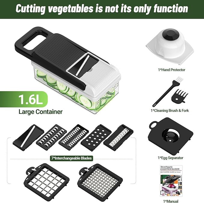 StoreHappily 12-in-1 Vegetable Chopper, 7 Blades Veggie Chopper with Container and Lid, Dicer, Slicer, Multifunctional Kitchen Gadgets, Vegetable Cutter with Handle, Onion Cutter(Black/White)