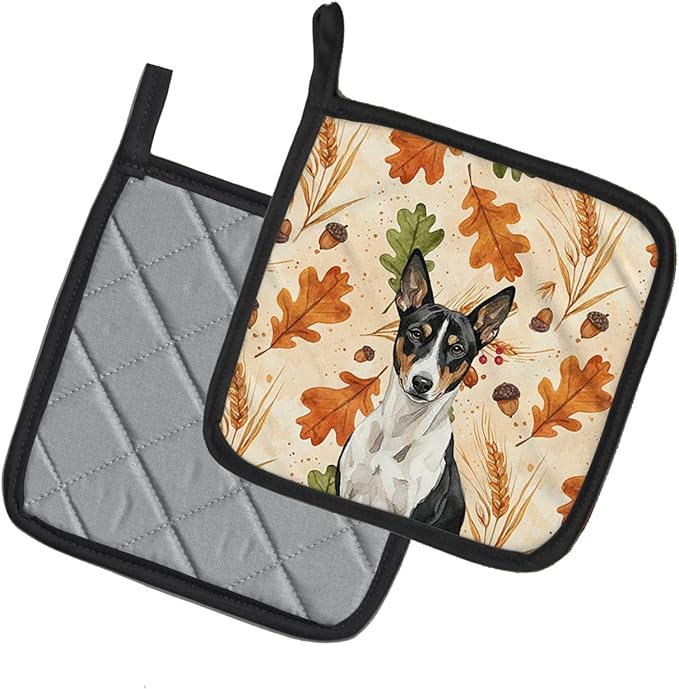 Caroline's Treasures Black and White Basenji Heirloom Fall Pair of Pot Holders Pair 7.5x7.5 Quilted Insulated Hot Pads Decorative Kitchen Gift Made in USA