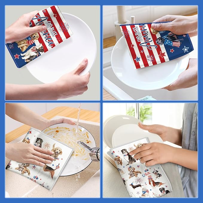 4th of July Patriotic Dog Microfiber Kitchen Towels, Soft Absorbent Independence Day Hand Towel 15.7 × 23.6 inch, Thick Dish Cloth for Party Anniversary Holiday Decoration Housewarming Gifts