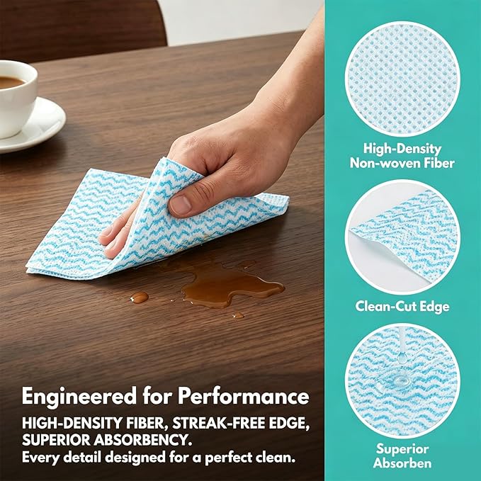 Disposable Dish Cloth and Cleaning Handi Wipes, 100ct, Multi-Use Rags for Kitchen, Bathroom and Windows, Blue