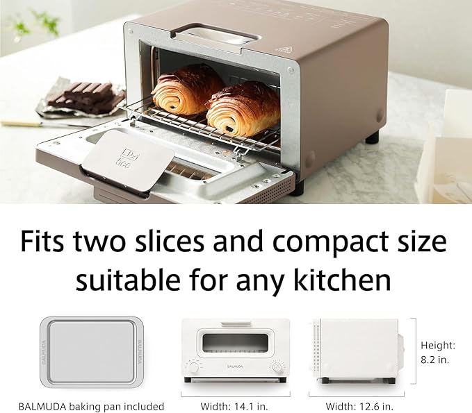 BALMUDA The Toaster | Steam Oven Toaster | Compact Size 14.1" W x 12.6" D x 8.2" H | 5 Cooking Modes: Sandwich Bread, Artisan Bread, Pizza & Pastry, Oven | Baking Pan Included | US Version | White