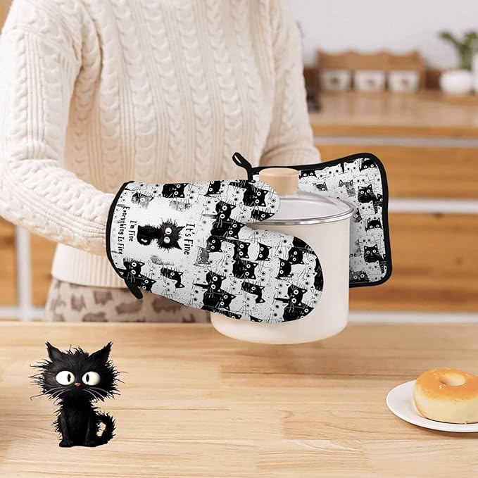 Black Cat Oven Mitts and Pot Holders Sets 3PCS, Cat Silicone Heat Resistant Oven Mitts Birthday Gifts for Cats Lover, Cute Cats Pot Holder Non-Slip Silicone Oven Gloves for Mom Wife Sister BFF
