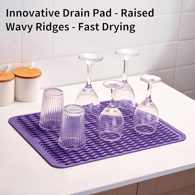 ZLR Silicone Dish Drying Mat & Heat Resistant Trivet (12" x 16") - Waterproof Counter Protector for Air Fryer, Coffee Maker - Non-Slip, BPA Free Kitchen Pad, Easy Clean Dishwasher Safe (Meadow Violet)
