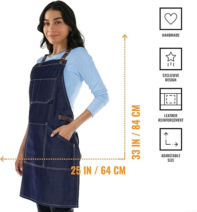 Under NY Sky Essential Blue Denim Apron – Cross-Back with Leather Reinforcement – Adjustable for Men and Women – Pro Chef, Tattoo Artist, Baker, Barista, Bartender, Server Aprons