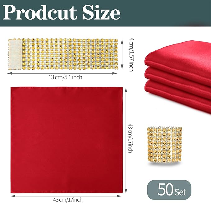 RUDONG M 100 Pcs Red Satin Napkins and Napkin Rings Set, 17 x 17 Inch Square Cloth Napkins Set of 50, Silky Soft Table Napkins Bulk for Weddings, Banquet, Parties Dinner Decoration