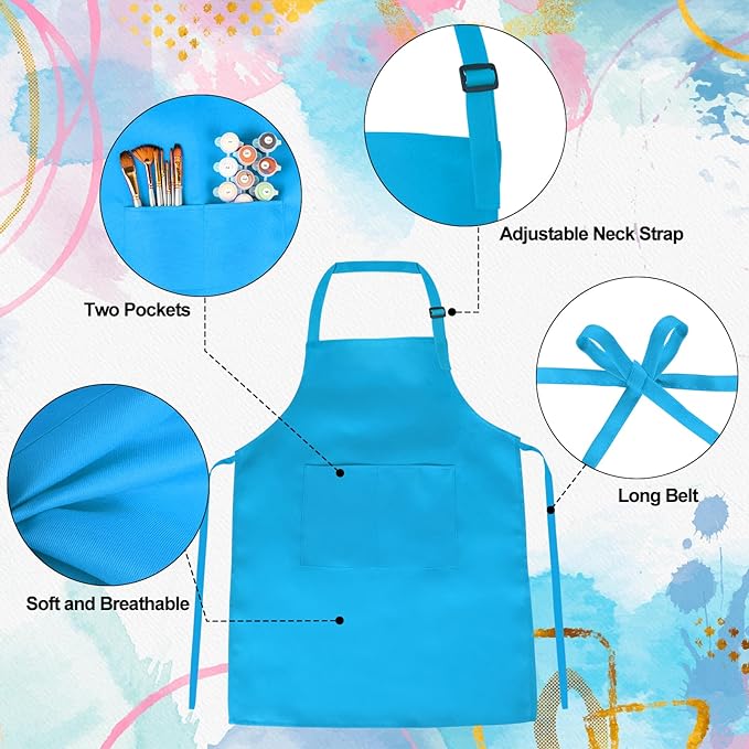 PLULON 4 Pcs Kids Aprons with 2 Pockets Painting Aprons for Kids Aprons Bulk, Paint Apron Adjustable Children Chef Aprons for Girls Boys Painting Baking Cooking Crafting - 4 Colors