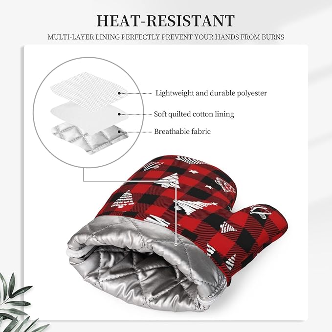 Red Gingham Plaid Christmas Tree Oven Mitts and Pot Holders Set, 4pcs Silicone Oven Glove for Kitchen Heat Resistant Oven Mitts and Potholders Non-Slip for Cooking