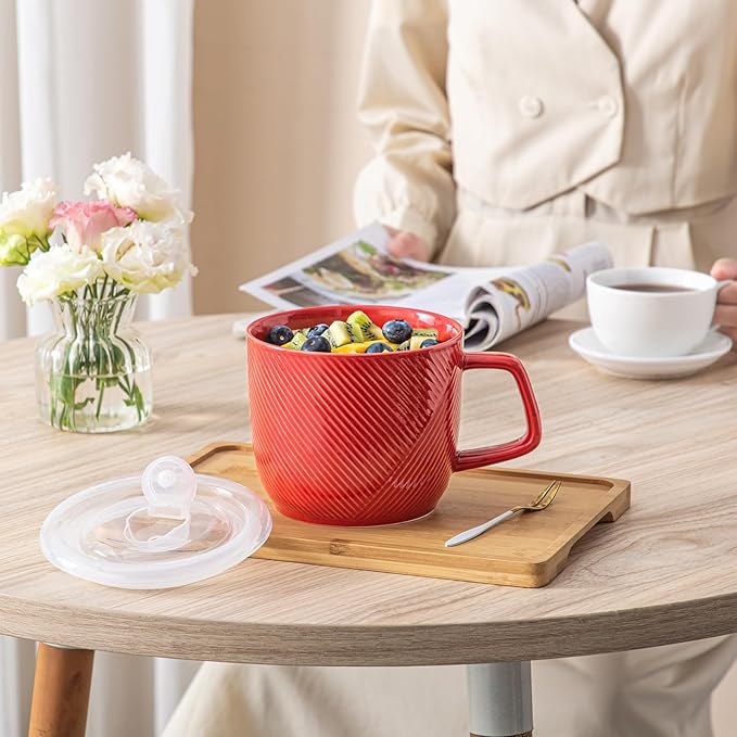 Ceramic Soup Bowl with Lid & Handle: 32 oz Microwave Safe Food Container for Ramen Noodles Cereal Leftovers - Extra Large Mugs for Breakfast Lunch Picnic Camping - Red, Set of 1