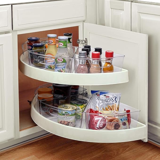 Lazy Susan Organizer for 26"- 28" Diameter Clear Corner Cabinet Storage Bins, Plastic Kitchen Corner Organizer with Handle 1/8 Wedge, Food Safe BPA Free (8 Pack)