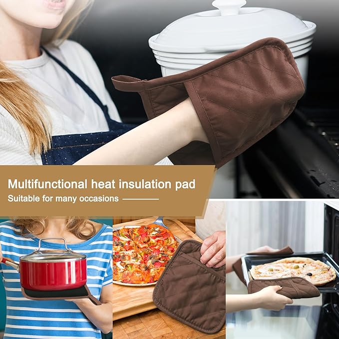 2Pcs Cotton and Neoprene Oven Pads Pot Holders with Pocket 8"x8.5" Dual-Function Hot Pad Set for Finger Hand Wrist Protection Heat Resistant to 428°F,Brown