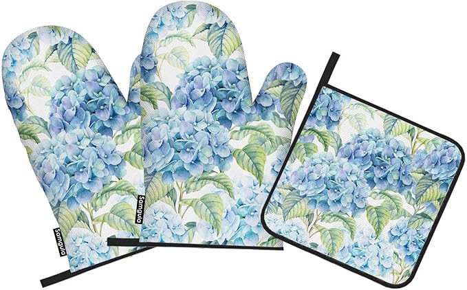 Teal Blue Flower Oven Mitts and Pot Holders Sets Hydrangea Nature Spring Summer Heat Resistant 3pcs for Cooking Baking BBQ