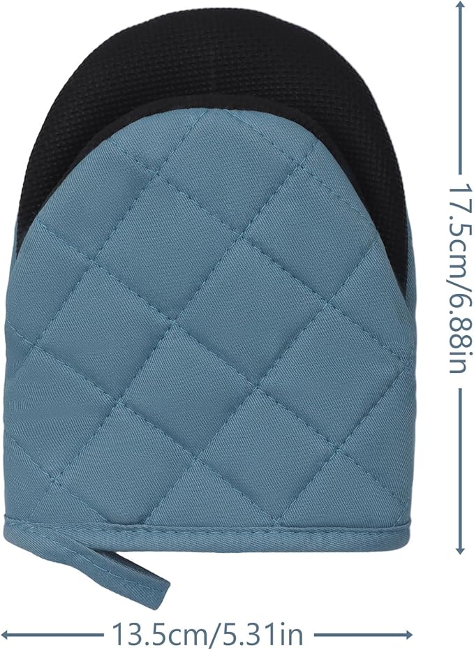 Short Oven Mitts, Heat Resistant 500°F, Silicone Grip Kitchen Gloves, Non-Slip for Baking, Grilling, BBQ, Machine Washable with Hanging Loop, 2-Pack Set, Light Cyan