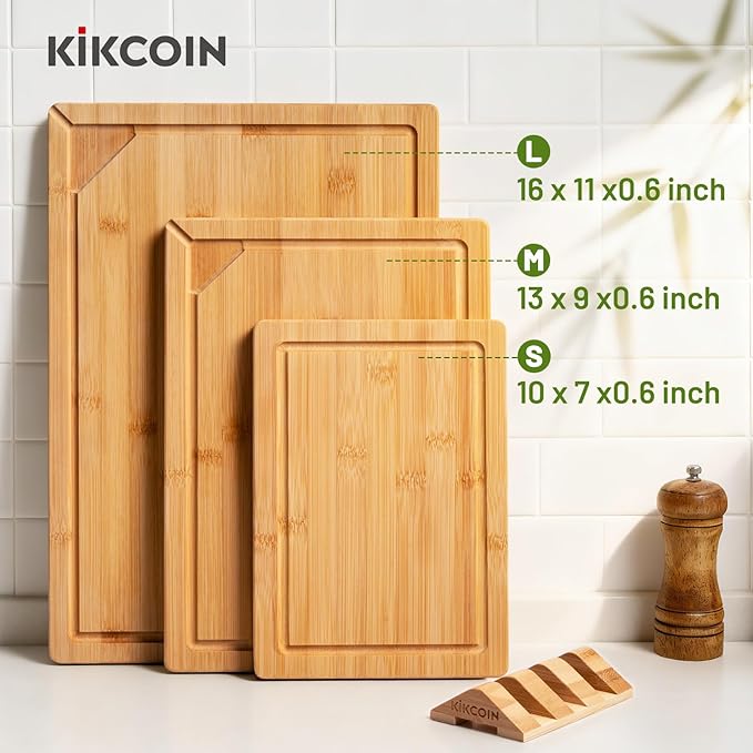 Kikcoin Over Sink Bamboo Cutting Boards for Kitchen - 3+1 Piece Self-Draining Healthy Wood Cutting Board Set with Built in Handle& Spout, Charcuterie& Meat Extra Large Butcher Chopping Boards, Natural