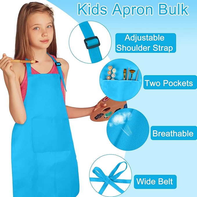 6 Pack Kids Apron Bulk with 2 Pockets Adjustable Chef Art Apron Kids Painting Aprons for Cooking Baking Painting Crafting Grilling Activity（Blue）