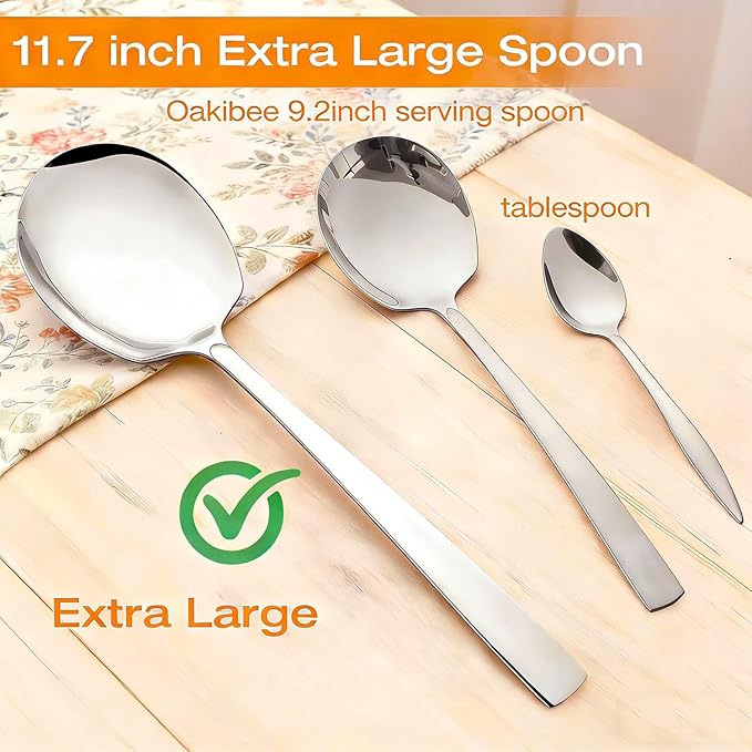 Extra Large Serving Spoons Set 11.7-Inch Silver Serving Utensils 18/8 Stainless Steel Big Metal Spoons for Buffet, Parties, Catering, Banquet - Dishwasher Safe (4-Pack, Silver)