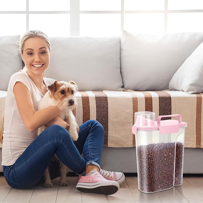 LEAWALK 5-7Lbs Dog Cat Food Storage Container with Upgraded Large Nozzle BPA-free, 4 Snap Seals Plastic Pet Food Storage Containers with Handles (Light Pink, 5L-1pack)