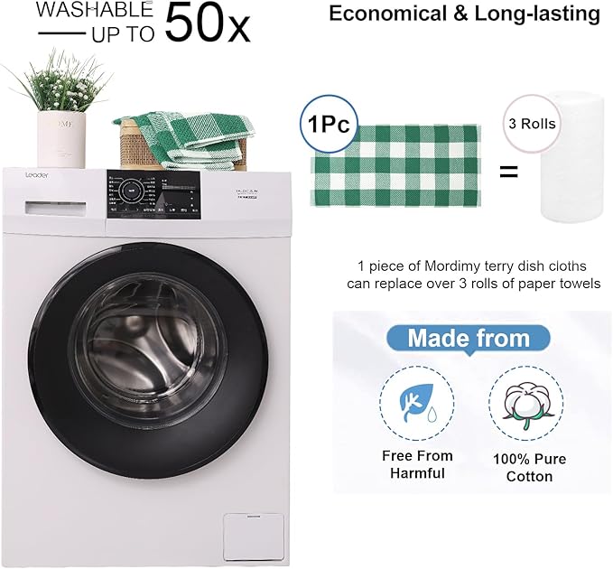 Mordimy 100% Cotton Waffle Weave Kitchen Towels, 13 x 28 Inches, Super Soft and Absorbent Buffalo Check Dish Towels for Drying Dishes, 4-Pack, White & Dark Green
