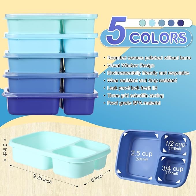 Honeydak 5 Pack Snack Containers 3 Compartment Bento Snack Boxes Divided Meal Prep Containers with Lids Reusable Adults Lunch Food Storage Box for School Work Travel(Glacier Color)