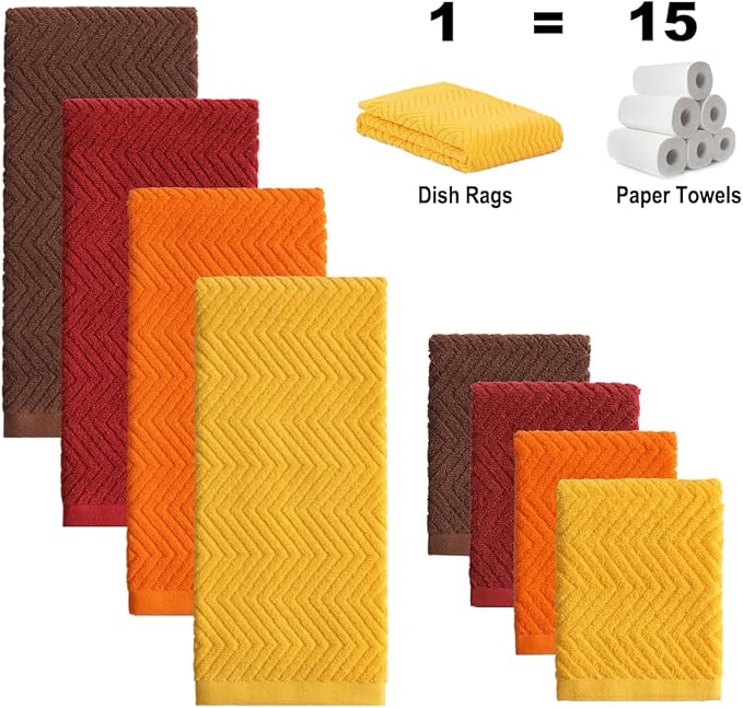 100% Cotton Kitchen Towels and Dishcloths Set, Pack of 8 Super Absorbent 16" x 25" Kitchen Towels and 13" x 13" Dish Cloths (400 GSM)