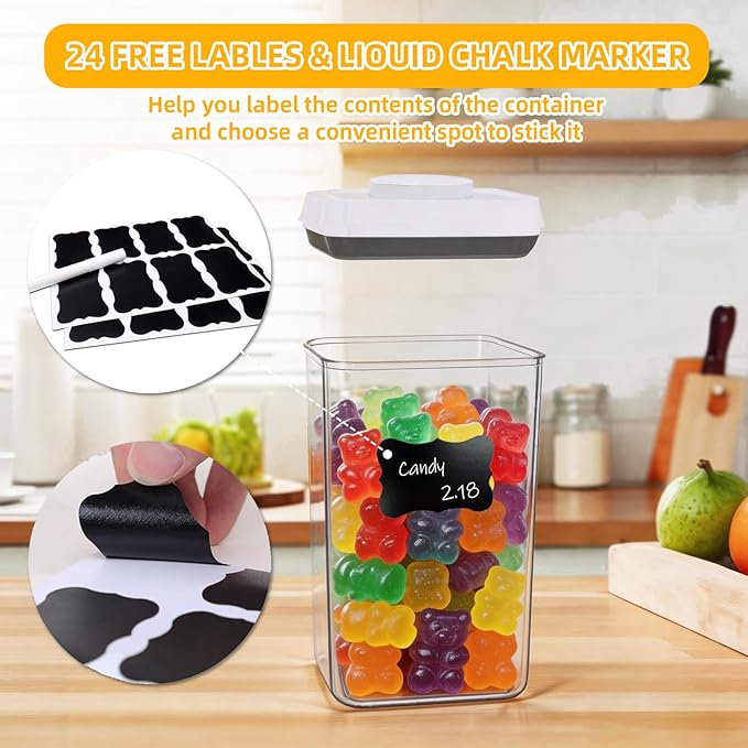 6 Pcs POP Container Set, Airtight Food Storage with Lids, Push Button Seal BPA-Free Set for Pantry, 0.65QT/0.7QT/1.8QT/2.4QT for Bulk Dry Food, Cereal, Flour, Sugar, RV Kitchen Storage