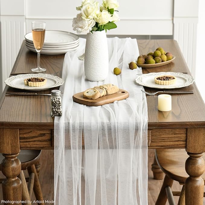 Artoid Mode Ivory Gauze Table Runner 120 Inch 10FT, Seasonal Sheer Kitchen Dining Holiday Wedding Birthday Baby Shower Table Decor for Home Party