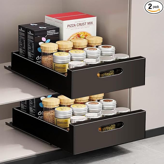 bealy 21'' Deep Cabinet Organizer Adhesive, 10'' Wide Pull Out Cabinet Organizer for Face Frame or Frameless Cabinets, Roll Out Shelves for Kitchen Cabinets, Pantry Shelves, Bathroom, 2 Pack