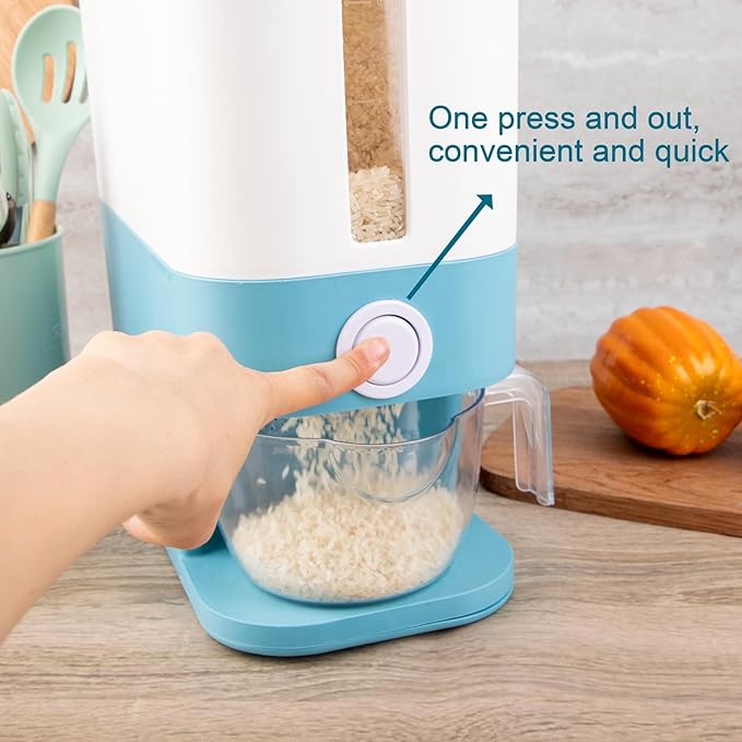 Rubtlamp Rice Dispenser, 20Lbs Rice Container, Large Rice Storage Container with Measuring Cup, Cereal Dry Food Storage Dispenser with Lid, Moisture Proof Household Food Dispenser Bucket(Blue)