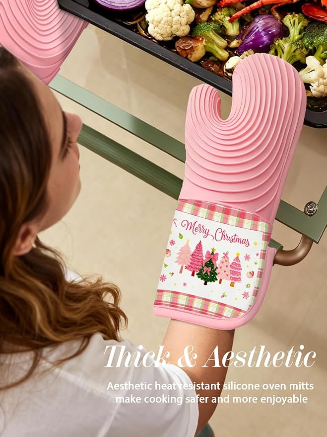 Slohif Long Silicone Oven Mitts Heat Resistant for Women - 2 Pcs Christmas 100% Cotton Oven Gloves, Non-Slip and Waterproof Silicone Oven Mitts with Hanger for Baking and Cooking