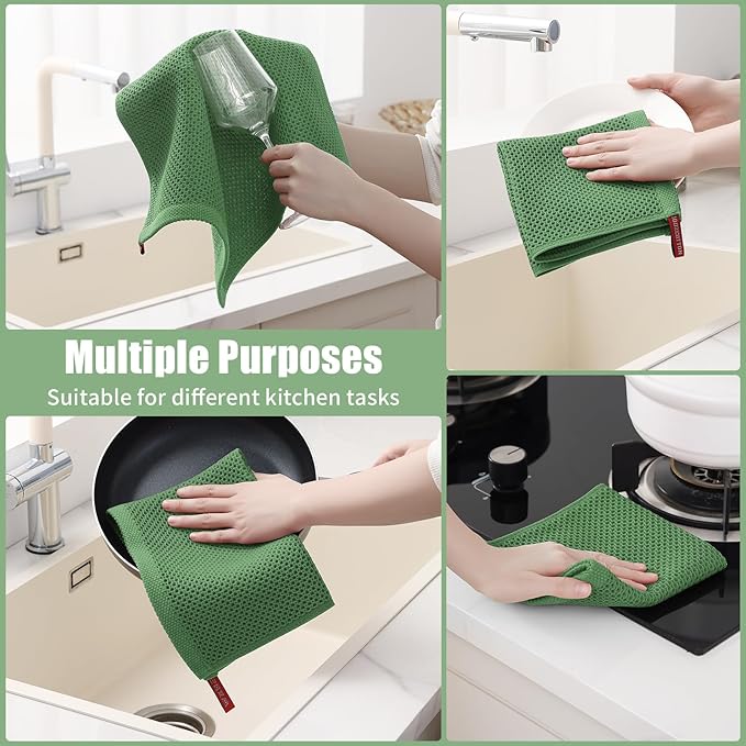 Kitinjoy 100% Cotton Kitchen Towels and Dishcloths Set, 8 Pack-13" x 28" and 12" x 12" Waffle Weave Dish Towels, Ultra Soft Absorbent Quick Drying Dish Rags, Grass Green